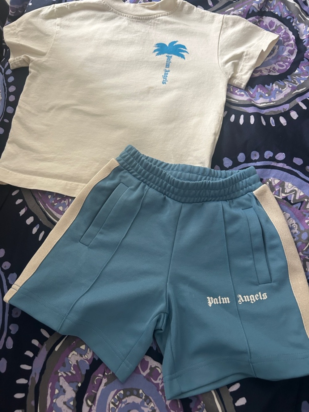 Palm Angels Blue Kids Shorts with Cream Side Stripes